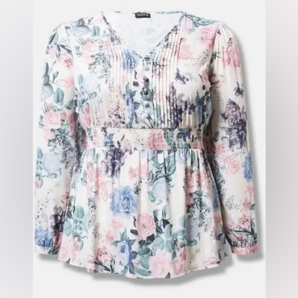 Torrid Babydoll Georgette Pintuck Top Blouse White Blue Pink Floral NWT
